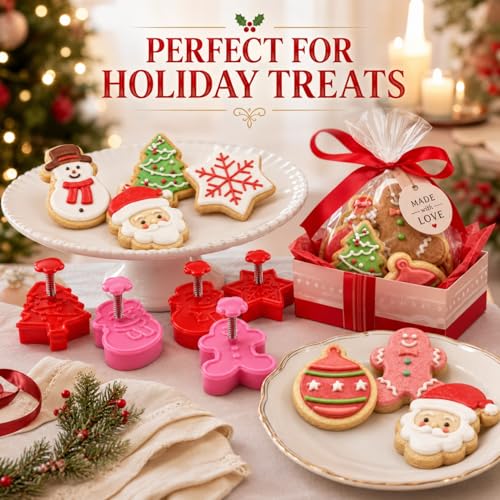 Christmas Themed MINI Cookie Cutter Embossing Mold Fondant Stamper Set - 8Pcs Plastic spring die Biscuits Pastry Cutter Set 3D Cookie Cake Plunger Cutter Baking Mould