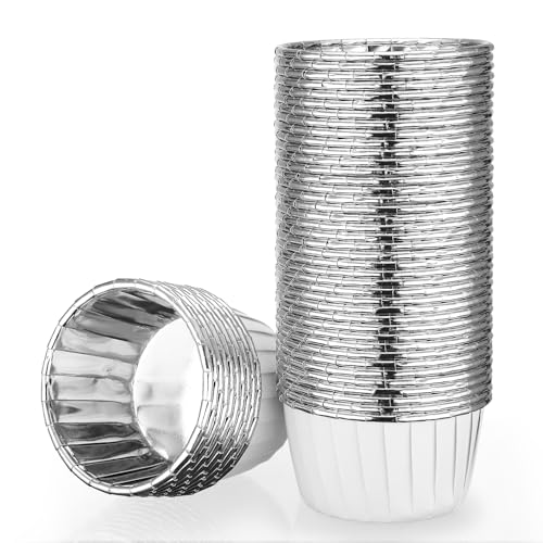 EUSOAR Silver Cupcake Liners, 50pcs 3.5oz Cupcake Holders Disposable Dessert Containers, Mini Cheesecakes Baking Cups Aluminum Foil Wrappers Muffin Ramekins for Birthday Wedding Bridal Party - color: White/Sliver, size: 50pcs