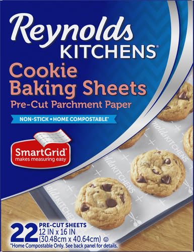 Reynolds Kitchens Cookie Baking Sheets, Pre-Cut Baking Parchment Paper Sheets for Cookies, Oven-Safe up to 425 Degrees, Reusable Up to 3X, No-Mess Cleanup, 12 in x 16 in, 22 Count (Pack of 2) - size: 22 Count (Pack of 2), style: Baking Sheets