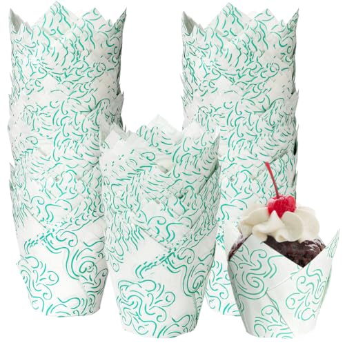 250Pcs Tulip Cupcake Liners,Parchment Paper Cupcake Liner in Standard Size - color: White Green Cloud