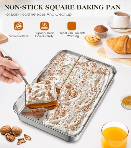 304 Stainless Steel Baking Pan with Lid, 12⅓ x 9¾ x 2 Inch Rectangle Sheet Cake Pans with Covers, Commercial Grade Bakeware for Cakes Brownies Casseroles, Non-toxic & Heavy Duty & Dishwasher Safe - size: 12.4" x 9.6"（1Pan+1Lid）