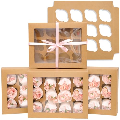 Bakepacker Auto-pop up 12 Cupcake Boxes, Brown, 13"x10"x3.5", 12-Pack - color: Brown, size: 13*10*3.5inch/12packs