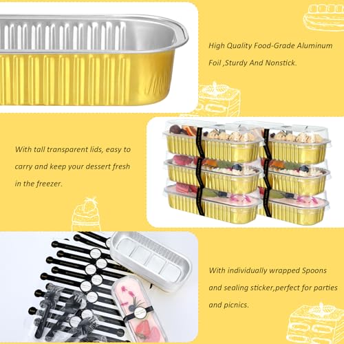 Mini Loaf Pans with Lids and Spoons (100 Pack, Gold, 6.8oz) Rectangular Aluminum Foil Baking Pans - color: Gold