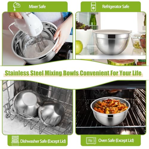 P&P CHEF Stainless Steel Mixing Bowls with Airtight Lids, Khaki - color: Khaki, style: Airtight Lids