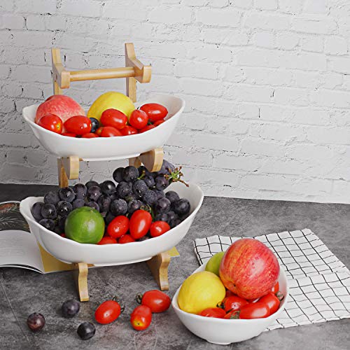 SEVEN SPARTA Fruit Bowl for Kitchen Counter - 3 Tier Ceramic Serving Bowls with Bamboo Stand, Tiered Fruit Basket for Fruit Vegetable Storage, Cake, Dessert, Nuts, Snack, Salad (Dishwasher safe)