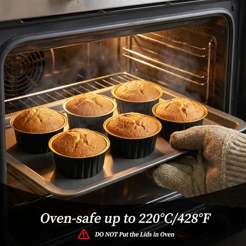 100-Pack 5 oz Black Gold Mini Cake Pans with Lids, Disposable Aluminum Foil Baking Cups, Muffin Tins, Ramekins for Cupcakes, Brownies, Flan, Pudding - Wedding, Birthday Party Supplies - color: Black/Gold