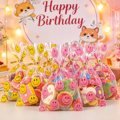 Happy Face Cellophane Bags 100 Pack, Goody Bags with Ties, Treat Gift Bags - color: 100pcs yellow red bags