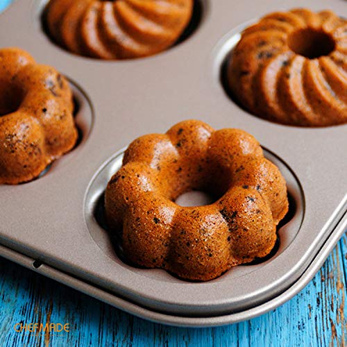 CHEFMADE Donut Mold Cake Pan, 6-Cavity Non-Stick Pattern Doughnut Bakeware for Oven Baking (Champagne Gold) - size: 04 - Fancy 6 Cups