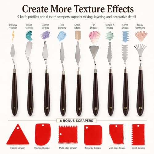 15 Pcs Painting Palette Knife Set, 9 Pcs Professional Stainless Steel Palette Knives with 6 Plastic Scrapers, Art Paint Tools for Oil, Acrylic, Watercolor Painting and Cake Decorating