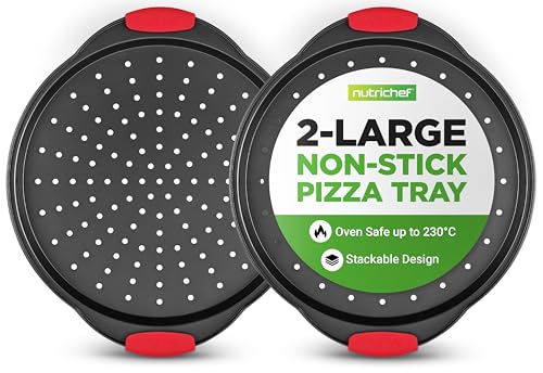 NutriChef 2-Piece 13-Inch Nonstick Pizza Tray, Round Carbon Steel Non-Stick Pan w/Perforated Holes, Premium Bakeware PizzaScreen w/Silicone Grip Handle, Dishwash Safe, NCBPIZX2, Large, (Pack of 20) - size: 20 Pack Large
