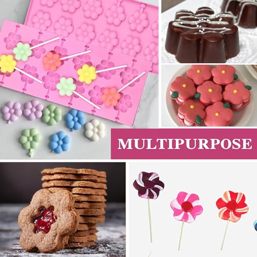 12 Cavities Flower Pink Silicone Lollipop Molds,Hard Candy Chocolate Sucker Mold with 20pcs Sucker Sticks - color: Flower
