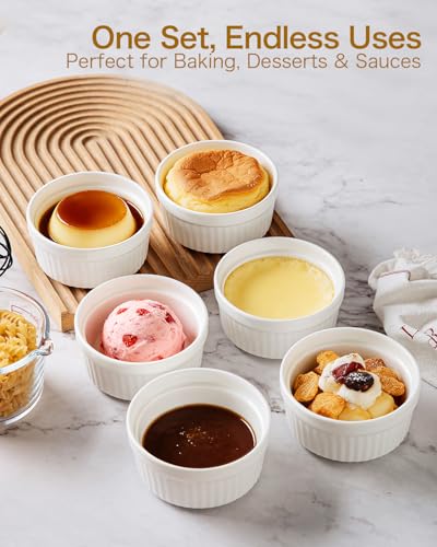7 oz Ramekins Set of 6, Oven Safe Porcelain Ramekin Bowls for Creme Brulee, Souffle & Custard, Dessert Cups & Dipping Sauce Dishes, Stackable, Soft White - size: 7 oz