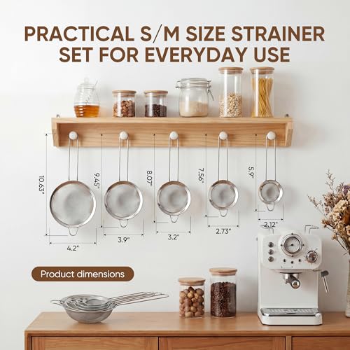 Mini Fine Mesh Strainer Set 5 Pack, Stainless Steel Small Sieves Colanders, Multipurpose Sifter Strainer for Tea, Pasta, Juice & Baking（ 2.13″, 2.72″, 3.29″, 3.9″ and 4.72″）