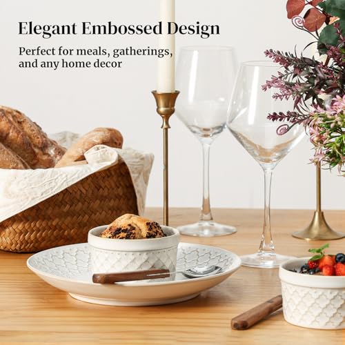 DOWAN Ramekins Oven Safe with Lids 6 oz, Charcuterie Boards Bowls Set for Creme Brulee, Souffle, Dipping Sauces, Custard Cups Ceramic Food Storage Containers, Set of 6, Beige - size: 6 oz