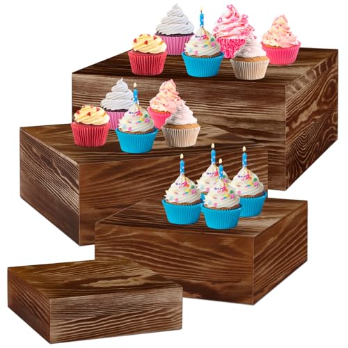 Roowest 4 Pack Wooden Display Risers, Rustic Cake Stands, Black Brown - color: Black Brown
