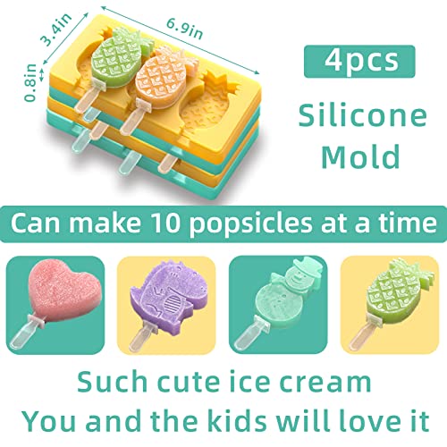 Kids Cartoon Popsicle Molds - 4 Pack, 10-Cavity Food-Grade Silicone Ice Pop Cream Molds, with Reusable Sticks, Non-Stick Flat Design, Easy Release, Stackable for Space Saving - color: Dinosaur + Love + Snowman + Pineapple