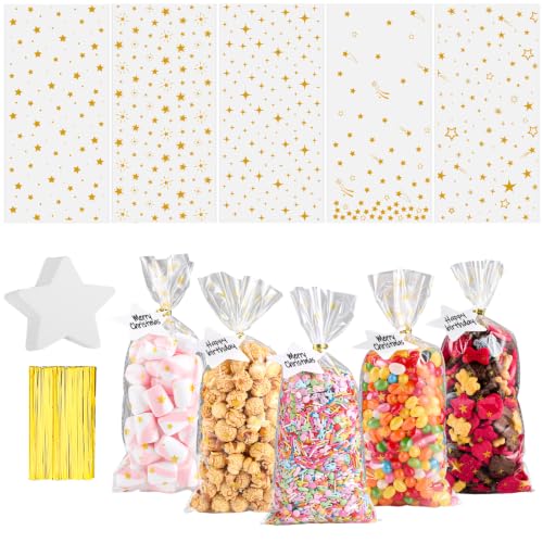 woric 100 Set Cellophane Treat Bags Golden Star Printed - color: Gold Star