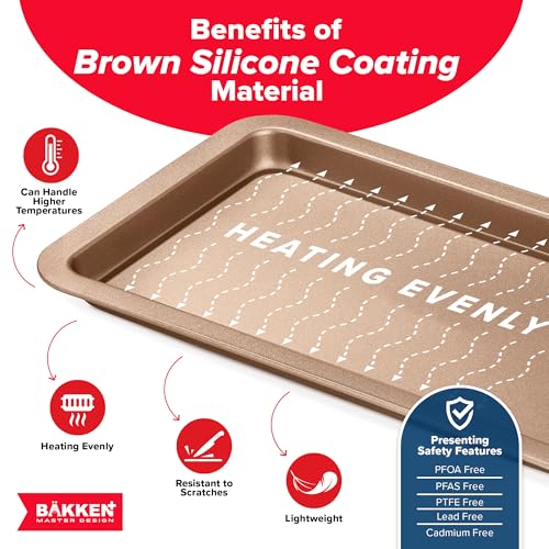 BAKKEN 3-Piece Kitchen Baking Pans - Small, Medium, and Large Cookie Pan, With Nonstick Coating, Stackable and Space-saving Design, PFOA, PFOS, PTFE Free, Oven Safe Tray (Up To 450°F), Brown - color: Brown, size: 3 Piece Set