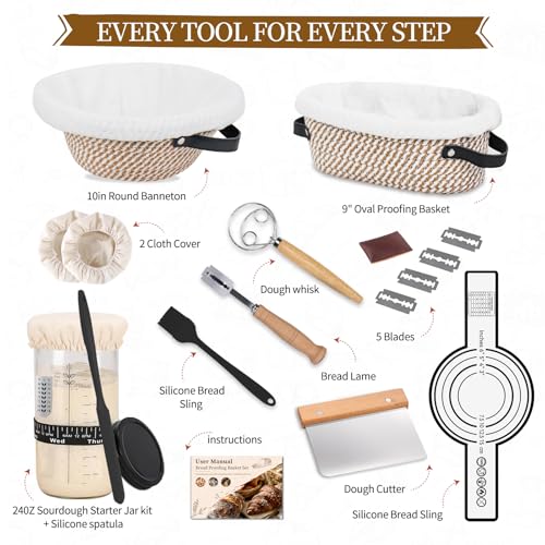 Sourdough Starter Kit with Round & Oval Banneton Bread Proofing Basket Set
