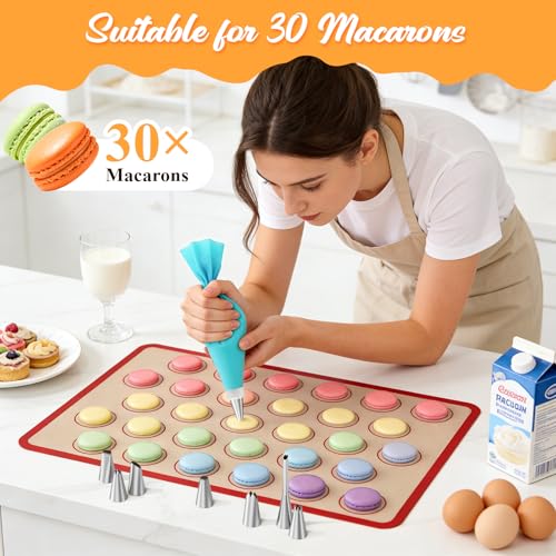 Macaron Silicone Baking Mats, 2 Nonstick Macaroon Mat Silicone, 7 Piping Tips, 2 Piping Bags, 2 Bag Ties, 2 Couplers, 1 Puff Tip, 1 Brushes, 17 Pcs Macaron Baking Kits for Macarons Cookies - color: Red