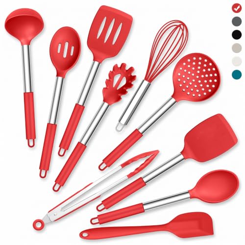 Onader 10 Pieces Silicone Kitchen Utensils Set, Cooking Utensils with Holder and Heat Resistant Stainless Steel Handle for Nonstick Cookware -Red - color: Red