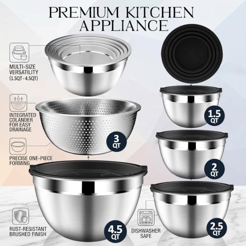 Mixing Bowls with Lids Set, Stainless Steel Mixing Bowl with Colander - color: 9PCS Black