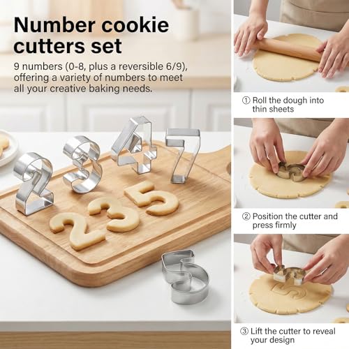 9PCS 0-9 Number Cookie Cutters Set, Stainless Steel Metal Birthday Numbers Cutters for Cake Topper, Baking Decorating, Fondant, Digit Cookie Cutters, Baking Tool for Homemade Biscuits, Cookie, Dough