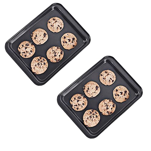 Small Baking Sheet Nonstick 9.45 X 7.09 Inch (Inner 7.5x6), 8 Inch Mini Cookie Tray Toaster Conventional Oven Pan No Warp No Rust Magnetic Bakeware for 1 to 2 person 2 Pack - size: 9.5x7 inch Black