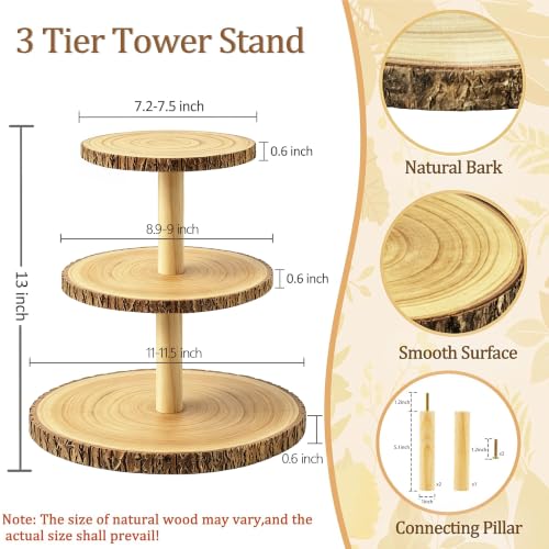 3-Tier Round Wooden Cupcake Stand, Rustic Natural Bark Wood Dessert Display Tower Platter for Wedding, Birthday, Baby Shower, Tea Party & Farmhouse Party Buffet
