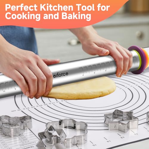 13.6" Stainless Steel Rolling Pin with 4 Thickness Rings & Cookie Molds - color: Stainless Steel