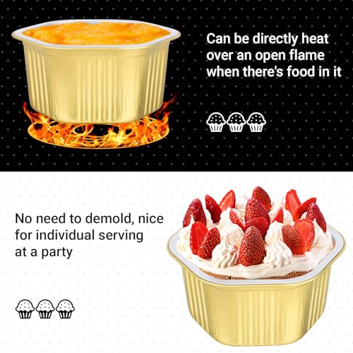 Beasea Disposable Baking Cups with Lids, 50 Pack 20oz 598ml Aluminum Foil Ramekins Pans Hexagon Individual Cupcake Desserts Containers Creme Brulee Pudding Souffle Oven Tins for Party - Gold - color: Gold, size: 20oz