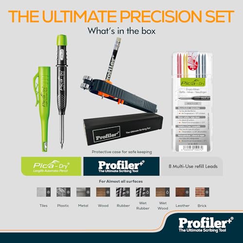 Profiler+ The Ultimate Precision Set Multifunction Scribing Tool - Pica-Dry Long-life Automatic Pencil & 8 Multi-Use Refill Leads, Official Brand Collaboration for Accurate Scribing and Marking