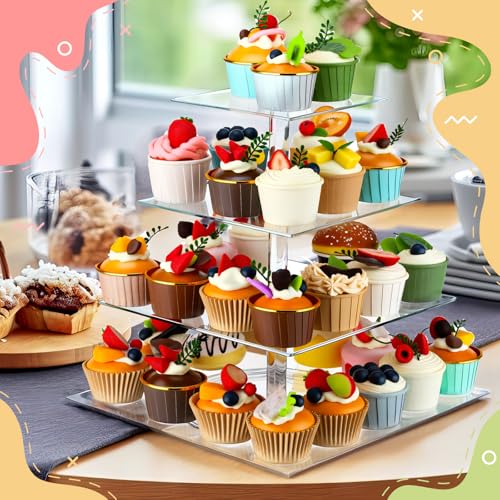 Tiered Cupcake Display Stand Rotatable Cake and Cupcake Tower Stand Combo Clear Acrylic Cake Holder with Tiered Tray for Dessert Pastry Birthday Wedding Party Table(4 Tire and Rectangle) - color: 4 Tire and Rectangle