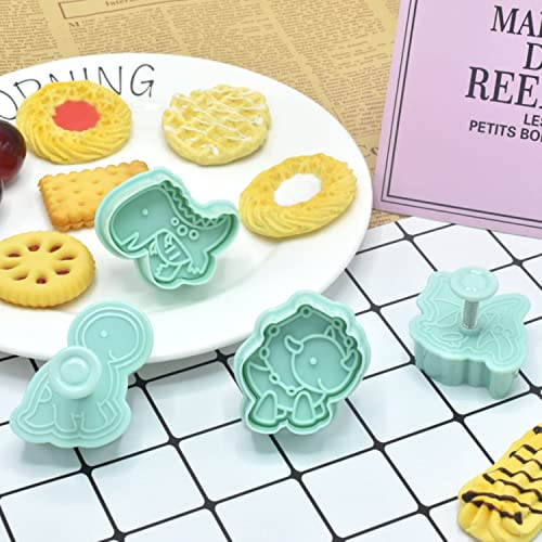 4 Pack Dinosaur Cookies Cutter Mold 3D Biscuit Embossing Mould Fondant Cakes Cutters Animal Crackers Spring Stamp Plunger Cutter DIY Dino Forms for Sugar Pastry Cake Kitchen Tools (Green) - color: Green