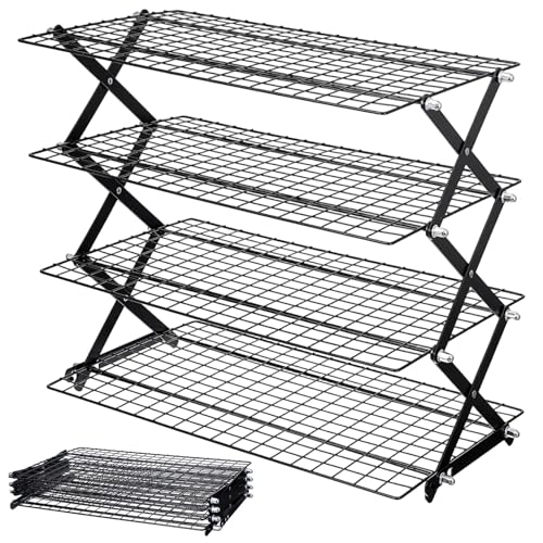 Sibba 4 Tier Collapsibl Cooling Rack, Adjustable 4 Setting Design Stainless Steel Baking Rack Stackable Roasting Cooking Drying Wire Cooling Racks for Cookies Baking Gifts for Women, Black