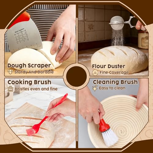 Banneton Bread Proofing Baskets Set Sourdough Starter Kit Sourdough Bread Baking Supplies Making Tools With 9 inch Round Proofing Baskets, Dough Scraper, Whisk, Lame, Recipe - color: Sourdough Starter Kit, size: Sourdough Starter Kit