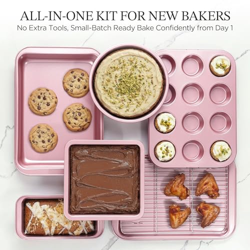 KITESSENSU Baking Pans Sets, Nonstick Bakeware Sets 19-Piece with Round/Square Cake Pan, Loaf Pan, Muffin Pan, Cookie Sheet, Roast Pan, Cooling Rack, Carbon Steel Bake Set Pink - size: Pink