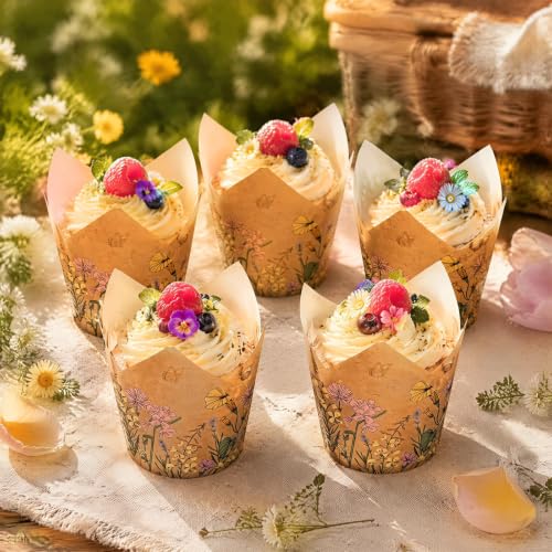 Whaline 100Pcs Wildflower Tulip Cupcake Liner, Colorful Floral Muffin Liner