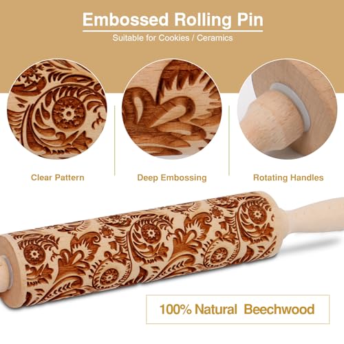 Christmas Embossed Rolling Pin for Baking Cookies Embossing Rolling Pins with Design Wooden Engraved Springerle Roller Pin Dough Snowflake Paisley Patterned Clay Pottery Ceramic Bakers (Floral Frost) - color: Floral Frost