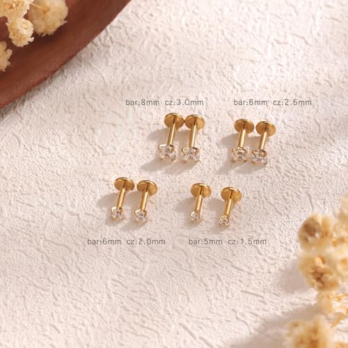 20G/18G/16G Titanium Flat Back Earrings, Threadless Nose Stud Tiny Stud Earrings, Cartilage Tragus Piercing Jewelry Conch Helix Stud - color: CZ (gold 8pcs), size: 18ga(1.0mm)