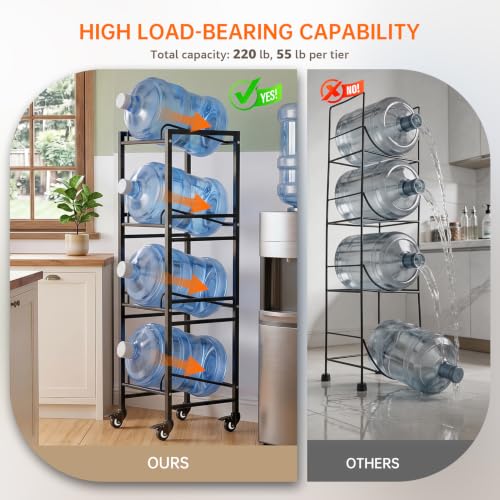 5 Gallon Water Jug Holder with 4 Locking Casters, 4-Tiers Water Jug Stand - size: 4 Tier-Single Row