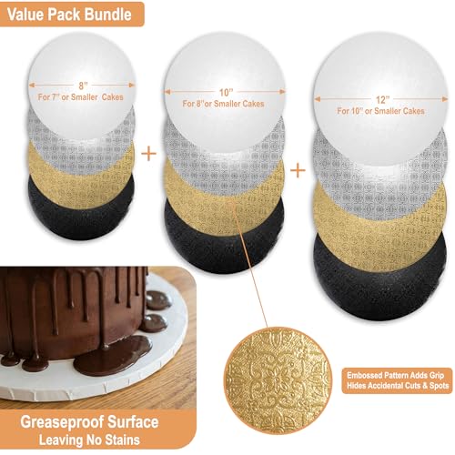 1/4" Thick Cake Drum 8 + 10 + 12 Inch (12 Pack) White, Silver, Gold, Black - color: White + Silver + Gold + Black, size: 8"+10"+12" (12 Pack)