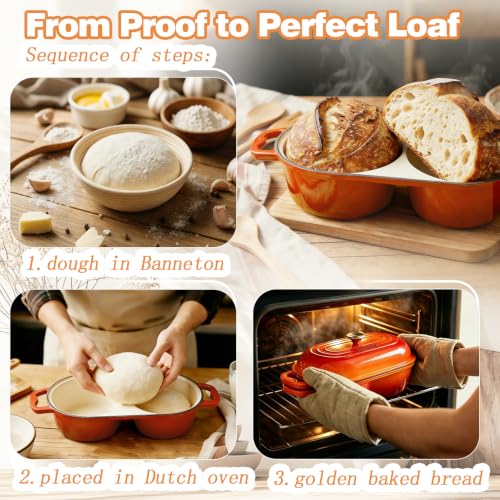 DIY Double Dutch Oven for Sourdough Bread Baking – Enamel Cast Iron Bread Baker with Lid, Bake Two Different Loaves at Once, 500°F Oven Safe, Includes 2×8" Banneton Proofing Baskets - color: Orage