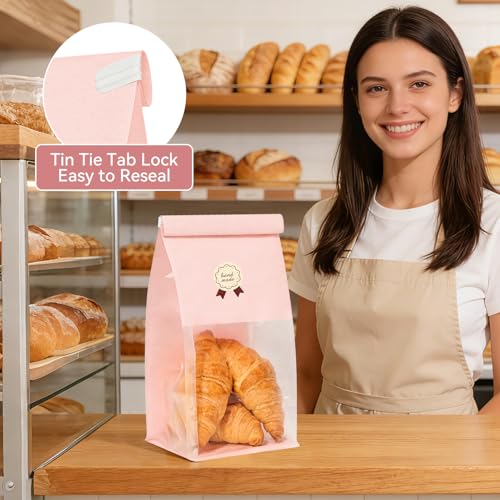 100 Pack Pink Bakery Bags with Window, 5.1x3.9x11 Inches Paper Bread Bags - size: Medium