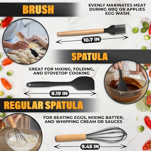 14 Pcs Kitchen Utensils Set with Holder, Beech Handles (Black)