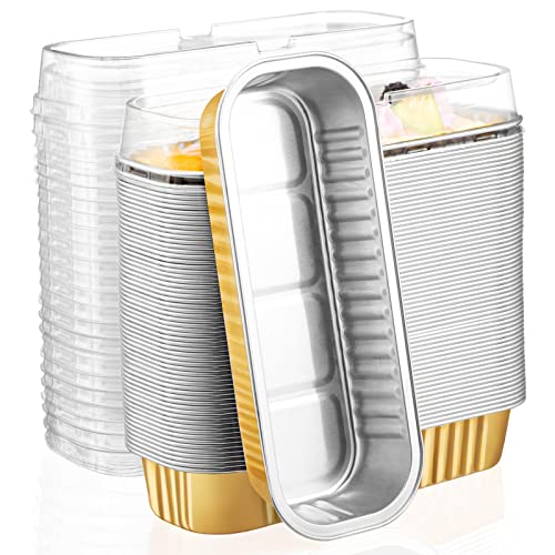 EUSOAR Baking Cups with Lids, 100pcs 6.8oz 6.5"x2.5"x1.2" Gold Aluminum Foil Ramekins Baking Cups Mini Loaf Pans with Lids Disposable，Cupcake Containers Cheesecake Creme Brulee Ramekins Pan - color: Gold, size: 100pcs
