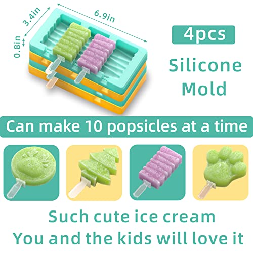 Kids Cartoon Popsicle Molds - 4 Pack, 10-Cavity Food-Grade Silicone Ice Pop Cream Molds, with Reusable Sticks, Non-Stick Flat Design, Easy Release, Stackable for Space Saving - color: fawn+cat's claw+stripes+pine tree
