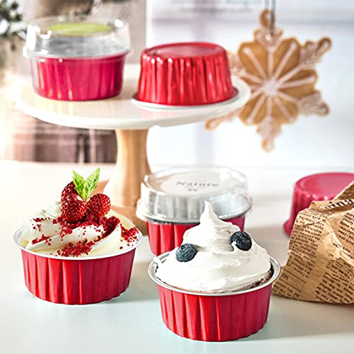 DEAYOU 100 Pack Aluminum Foil Cupcake Liners with Lids, 5oz Round Ramekin Baking Cups, Disposable Tart Pie Tin Pan Holder, Mini Cake Containers for Pudding, Party, Wedding, Oven Freezer Safe, Red