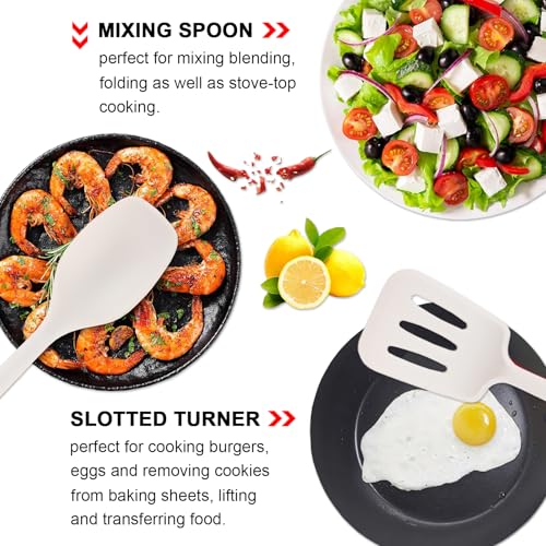 Silicone Kitchen Utensils Set of 4, Large Non-Stick Cooking Utensil Set w Wooden Handle Food Grade Heat Resistance Turner Spoon Silicone Cooking Kitchen Gadgets BPA Free for Nonstick Cookware - color: White, size: Large 4-Piece Set