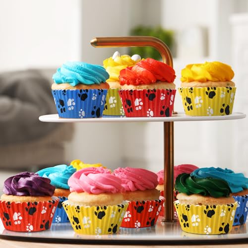 200 count Paw Bone Cupcake Liners Dog Wrappers Paw Pattern Cup Cake Holder Puppy Dog Theme Cupcake Wrappers for Baby Shower Birthday Party Supplies(Blue Red Yellow) - color: Blue Red Yellow
